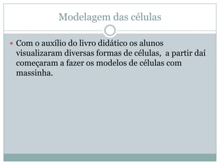 Modelagem das células

 Com o auxílio do livro didático os alunos
 visualizaram diversas formas de células, a partir daí
 começaram a fazer os modelos de células com
 massinha.
 