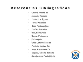 Referências Bibliográficas   ·       Cinema, António do ·       Januário, Tasca do ·       Florêncio (4 Águas) ·       Távila, Pastelaria ·       Doca, Restaurante a ·       Tic-Tac, Snac k Bar ·       Bica, Restaurante ·       Belmar, Petisqueira ·       O Chiringuito ·       Gilão, Café Princesa do ·       Prestígio, (Antigo) Bar ·       Arcos, Restaurante Os ·       Salgada, Taberna da Fonte ·  Santaluziense Futebol Clube 