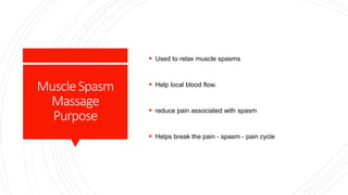 MuscleSpasm
Massage
Purpose
 Used to relax muscle spasms
 Help local blood flow.
 reduce pain associated with spasm
 Helps break the pain - spasm - pain cycle
 
