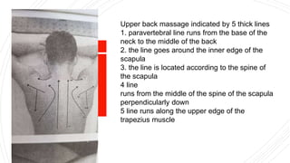 Upper back massage indicated by 5 thick lines
1. paravertebral line runs from the base of the
neck to the middle of the back
2. the line goes around the inner edge of the
scapula
3. the line is located according to the spine of
the scapula
4 line
runs from the middle of the spine of the scapula
perpendicularly down
5 line runs along the upper edge of the
trapezius muscle
 
