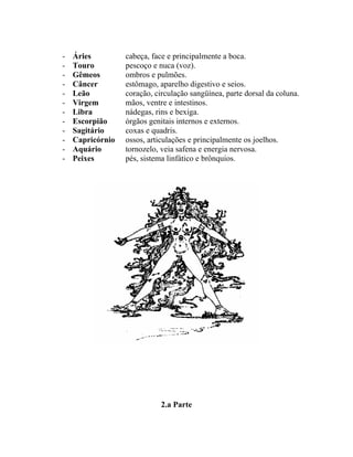 - Áries cabeça, face e principalmente a boca.
- Touro pescoço e nuca (voz).
- Gêmeos ombros e pulmões.
- Câncer estômago, aparelho digestivo e seios.
- Leão coração, circulação sangüínea, parte dorsal da coluna.
- Virgem mãos, ventre e intestinos.
- Libra nádegas, rins e bexiga.
- Escorpião órgãos genitais internos e externos.
- Sagitário coxas e quadris.
- Capricórnio ossos, articulações e principalmente os joelhos.
- Aquário tornozelo, veia safena e energia nervosa.
- Peixes pés, sistema linfático e brônquios.
2.a Parte
 