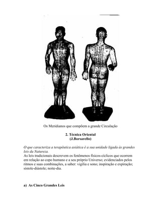 Os Meridianos que compõem a grande Circulação
2. Técnica Oriental
(J.Borsarello)
O que caracteriza a terapêutica asiática é a sua unidade ligada às grandes
leis da Natureza.
As leis tradicionais descrevem os fenômenos físicos-cíclicos que ocorrem
em relação ao copo humano e a seu próprio Universo; evidenciados pelos
ritmos e suas combinações, a saber: vigília e sono; inspiração e expiração;
sístole-diástole; noite-dia.
a) As Cinco Grandes Leis
 
