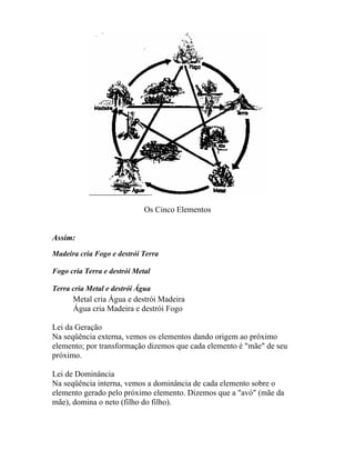 Os Cinco Elementos
Assim:
Madeira cria Fogo e destrói Terra
Fogo cria Terra e destrói Metal
Terra cria Metal e destrói Água
Metal cria Água e destrói Madeira
Água cria Madeira e destrói Fogo
Lei da Geração
Na seqüência externa, vemos os elementos dando origem ao próximo
elemento; por transformação dizemos que cada elemento é "mãe" de seu
próximo.
Lei de Dominância
Na seqüência interna, vemos a dominância de cada elemento sobre o
elemento gerado pelo próximo elemento. Dizemos que a "avó" (mãe da
mãe), domina o neto (filho do filho).
 