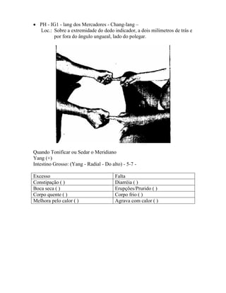 • PH - IG1 - lang dos Mercadores - Chang-lang –
Loc.: Sobre a extremidade do dedo indicador, a dois milímetros de trás e
por fora do ângulo ungueal, lado do polegar.
Quando Tonificar ou Sedar o Meridiano
Yang (+)
Intestino Grosso: (Yang - Radial - Do alto) - 5-7 -
Excesso Falta
Constipação ( ) Diarréia ( )
Boca seca ( ) Erupções/Prurido ( )
Corpo quente ( ) Corpo frio ( )
Melhora pelo calor ( ) Agrava com calor ( )
 