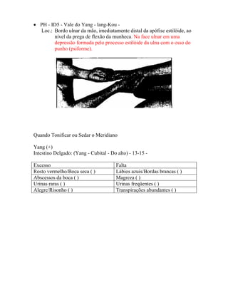 • PH - ID5 - Vale do Yang - lang-Kou -
Loc.: Bordo ulnar da mão, imediatamente distal da apófise estilóide, ao
nível da prega de flexão da munheca. Na face ulnar em uma
depressão formada pelo processo estilóide da ulna com o osso do
punho (psiforme).
Quando Tonificar ou Sedar o Meridiano
Yang (+)
Intestino Delgado: (Yang - Cubital - Do alto) - 13-15 -
Excesso Falta
Rosto vermelho/Boca seca ( ) Lábios azuis/Bordas brancas ( )
Abscessos da boca ( ) Magreza ( )
Urinas raras ( ) Urinas freqüentes ( )
Alegre/Risonho ( ) Transpirações abundantes ( )
 