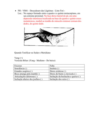 • PH - VB41 - Descedouro das Lágrimas - Linn-Tsri -
Loc.: No espaço formado entre o quarto e o quinto metacarpiano, em
seu extremo proximal. Na face dorso lateral do pé, em uma
depressão interóssea localizada na base do quarto e quinto ossos
metatársicos, medial ao tendão do músculo extensor comum dos
dedos, do quinto dedo.
Quando Tonificar ou Sedar o Meridiano
Yang (+)
Vesícula Biliar: (Yang - Mediano - De baixo)
Excesso Falta
Sonolência ( ) Insônia ( )
Grandes suspiros ( ) Dores erráticas ( )
Boca amarga pela manhã ( ) Dores do busto e clavícula ( )
Articulações dolorosas ( ) Inchação da bochecha e queixo ( )
Inchação abaixo dos joelhos ( ) Inchação dos seios ( )
 