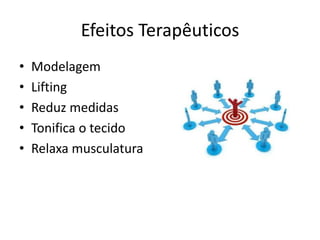Efeitos Terapêuticos
• Modelagem
• Lifting
• Reduz medidas
• Tonifica o tecido
• Relaxa musculatura
 