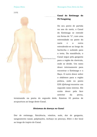 Peijian Shen                                       Massagem Para Alívio da Dor


[123]
                                                   Canal do Estômago do
                                                   Pé-Yangming


                                                   Do seu ponto de partida
                                                   na asa do nariz, o Canal
                                                   do Estômago se estende
                                                   em forma de "U", com uma
                                                   extremidade na ponte do
                                                   nariz       e        a      outra
                                                   estendendo-se ao longo da
                                                   bochecha e subindo para
                                                   a testa. Da mandíbula, o
                                                   Canal segue pela garganta
                                                   para a região da clavícula,
                                                   onde se divide. Um ramo
                                                   desce internamente para
                                                   encontrar o Estômago e o
                                                   Baço. O outro desce sobre
                                                   o abdômen para a região
                                                   púbica,     onde     no     ponto
                                                   E30 (Qchong) encontra um
                                                   segundo ramo interno. Ele
                                                   então      desce     pela     face
                                                   anterior        da          perna,
terminando na ponta do segundo dedo. Existem 45 pontos de
acupuntura ao longo deste Canal.


                     Sintomas de doença no Canal


Dor     de   estômago,   flatulência,   vômitos,   sede,     dor   de       garganta,
sangramento nasal, palpitações, inchaço no pescoço, febre e dor local
ao longo do trajeto do Canal.
 