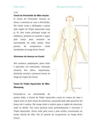 Peijian Shen                                   Massagem Para Alívio da Dor


[126]
Canal do Pericárdio da Mão-Jueyin
O Canal do Pericárdio começa no
tórax e encontra-se com o Pericárdio.
Ele então cruza o diafragma e passa
pela região do Triplo Aquecedor (veja
p. 9). Seu ramo principal surge no
abdômen, próximo ao mamilo e segue
pelo     braço    para      terminar     na
extremidade do dedo médio. Nove
pontos      de     acupuntura          estão
localizados ao longo deste Canal.


Sintomas de doença no Canal


Dor cardíaca, palpitações, peito cheio
e apertado, tez ruborizada, coloração
amarela     dos    olhos,     inquietação,
distúrbio mental e sintomas locais ao
longo do trajeto do Canal.


Canal do Triplo Aquecedor da Mão-
Shaoyang


Iniciando-se      na     extremidade     do
quarto dedo, o Canal do Triplo Aquecedor cruza as costas da mão e
segue entre os dois ossos do antebraço, passando pelo lado posterior do
braço até o ombro. Ele surge sobre o ombro para a região da clavícula,
onde se divide. Um ramo penetra mais profundamente e encontra o
Triplo Aquecedor. Outro sobe pela nuca e pela orelha, terminando na
borda lateral do olho. Há 23 pontos de acupuntura ao longo deste
Canal.
 