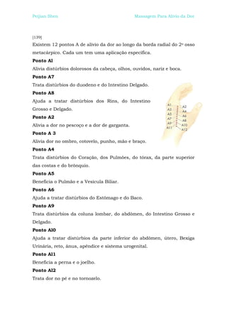 Peijian Shen                                   Massagem Para Alívio da Dor



[139]
Existem 12 pontos A de alívio da dor ao longo da borda radial do 2o osso
metacárpico. Cada um tem uma aplicação específica.
Ponto Al
Alivia distúrbios dolorosos da cabeça, olhos, ouvidos, nariz e boca.
Ponto A7
Trata distúrbios do duodeno e do Intestino Delgado.
Ponto A8
Ajuda a tratar distúrbios dos Rins, do Intestino
Grosso e Delgado.
Ponto A2
Alivia a dor no pescoço e a dor de garganta.
Ponto A 3
Alivia dor no ombro, cotovelo, punho, mão e braço.
Ponto A4
Trata distúrbios do Coração, dos Pulmões, do tórax, da parte superior
das costas e do brônquio.
Ponto A5
Beneficia o Pulmão e a Vesícula Biliar.
Ponto A6
Ajuda a tratar distúrbios do Estômago e do Baco.
Ponto A9
Trata distúrbios da coluna lombar, do abdômen, do Intestino Grosso e
Delgado.
Ponto Al0
Ajuda a tratar distúrbios da parte inferior do abdômen, útero, Bexiga
Urinária, reto, ânus, apêndice e sistema urogenital.
Ponto Al1
Beneficia a perna e o joelho.
Ponto Al2
Trata dor no pé e no tornozelo.
 