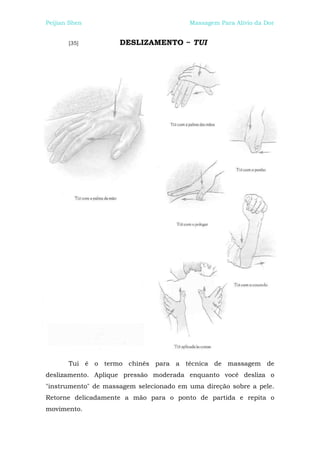 Peijian Shen                             Massagem Para Alívio da Dor


       [35]          DESLIZAMENTO ~ TUI




       Tui é o termo chinês para a técnica de massagem de
deslizamento. Aplique pressão moderada enquanto você desliza o
"instrumento" de massagem selecionado em uma direção sobre a pele.
Retorne delicadamente a mão para o ponto de partida e repita o
movimento.
 