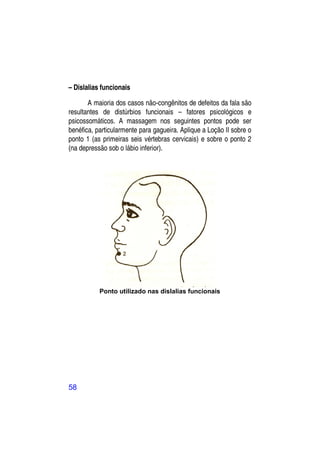 – Dislalias funcionais

       A maioria dos casos não-congênitos de defeitos da fala são
resultantes de distúrbios funcionais – fatores psicológicos e
psicossomáticos. A massagem nos seguintes pontos pode ser
benéfica, particularmente para gagueira. Aplique a Loção II sobre o
ponto 1 (as primeiras seis vértebras cervicais) e sobre o ponto 2
(na depressão sob o lábio inferior).




           Ponto utilizado nas dislalias funcionais




58
 