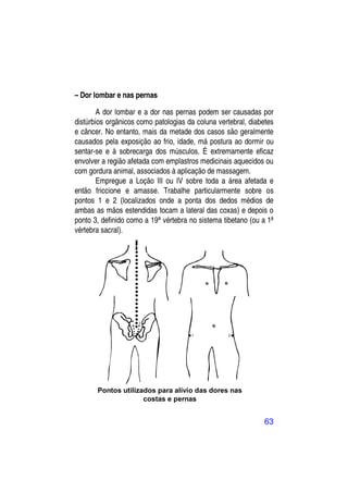 – Dor lombar e nas pernas

        A dor lombar e a dor nas pernas podem ser causadas por
distúrbios orgânicos como patologias da coluna vertebral, diabetes
e câncer. No entanto, mais da metade dos casos são geralmente
causados pela exposição ao frio, idade, má postura ao dormir ou
sentar-se e à sobrecarga dos músculos. É extremamente eficaz
envolver a região afetada com emplastros medicinais aquecidos ou
com gordura animal, associados à aplicação de massagem.
        Empregue a Loção III ou IV sobre toda a área afetada e
então friccione e amasse. Trabalhe particularmente sobre os
pontos 1 e 2 (localizados onde a ponta dos dedos médios de
ambas as mãos estendidas tocam a lateral das coxas) e depois o
ponto 3, definido como a 19ª vértebra no sistema tibetano (ou a 1ª
vértebra sacral).




       Pontos utilizados para alívio das dores nas
                     costas e pernas


                                                              63
 