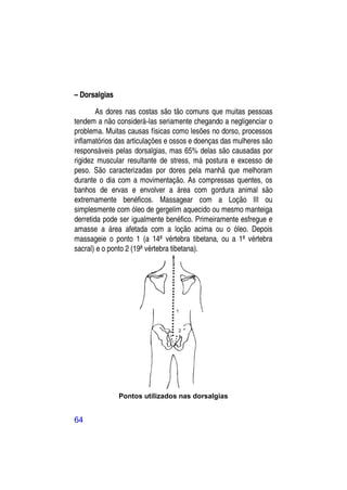 – Dorsalgias

        As dores nas costas são tão comuns que muitas pessoas
tendem a não considerá-las seriamente chegando a negligenciar o
problema. Muitas causas físicas como lesões no dorso, processos
inflamatórios das articulações e ossos e doenças das mulheres são
responsáveis pelas dorsalgias, mas 65% delas são causadas por
rigidez muscular resultante de stress, má postura e excesso de
peso. São caracterizadas por dores pela manhã que melhoram
durante o dia com a movimentação. As compressas quentes, os
banhos de ervas e envolver a área com gordura animal são
extremamente benéficos. Massagear com a Loção III ou
simplesmente com óleo de gergelim aquecido ou mesmo manteiga
derretida pode ser igualmente benéfico. Primeiramente esfregue e
amasse a área afetada com a loção acima ou o óleo. Depois
massageie o ponto 1 (a 14ª vértebra tibetana, ou a 1ª vértebra
sacral) e o ponto 2 (19ª vértebra tibetana).




                                  2




               Pontos utilizados nas dorsalgias


64
 