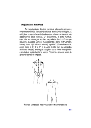– Irregularidades menstruais

        As irregularidades do ciclo menstrual são queixa comum e
frequentemente não são acompanhadas de distúrbio fisiológico. A
nutrição e o comportamento inadequados, stress e ansiedade são
responsáveis pelas queixas. O relaxamento, a dieta nutritiva,
exercícios e a massagem auxiliam na produção dos hormônios que
regulam a ovulação. Comece massageando o ponto 1 (1ª vértebra
sacral), ponto 2 (5ª vértebra lombar), o ponto 3 (2ª vértebra sacral,
assim como a 3ª, 4ª e 5ª) e o ponto 4 (três tsun ou polegadas
abaixo do umbigo). Empregue a Loção II ou IV sobre estes pontos
e em toda a região lombar e ventre. Friccione e amasse antes de
aplicar a técnica de limpeza.




     Pontos utilizados nas irregularidades menstruais

                                                                 65
 