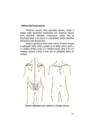 – Melhora das forças sexuais

        Problemas sexuais como ejaculação precoce, ereção e
frigidez estão geralmente relacionados com distúrbios básicos
como ansiedade, debilidade constitucional, medos, falta de
informação sobre o ato sexual e a sexualidade, hábitos dietéticos
deficientes e falta de exercícios.
        Aplique a gordura de lontra sobre o dorso, friccione, amasse
e massageie. Utilize então o polegar ou os dedos sobre o ponto 1
(1ª vértebra lombar), ponto 2 (1ª vértebra sacral), ponto 3 (2ª e 5ª
vértebras sacrais) e ponto 4 (três tsun ou polegadas abaixo do
umbigo).




      Pontos utilizados para melhorar a função sexual



                                                                71
 