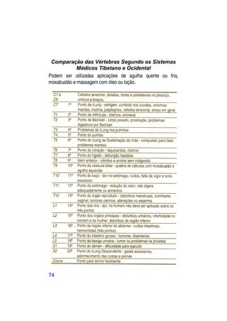 Comparação das Vértebras Segundo os Sistemas
             Médicos Tibetano e Ocidental
Podem ser utilizadas aplicações de agulha quente ou fria,
moxabustão e massagem com óleo ou loção.




74
 