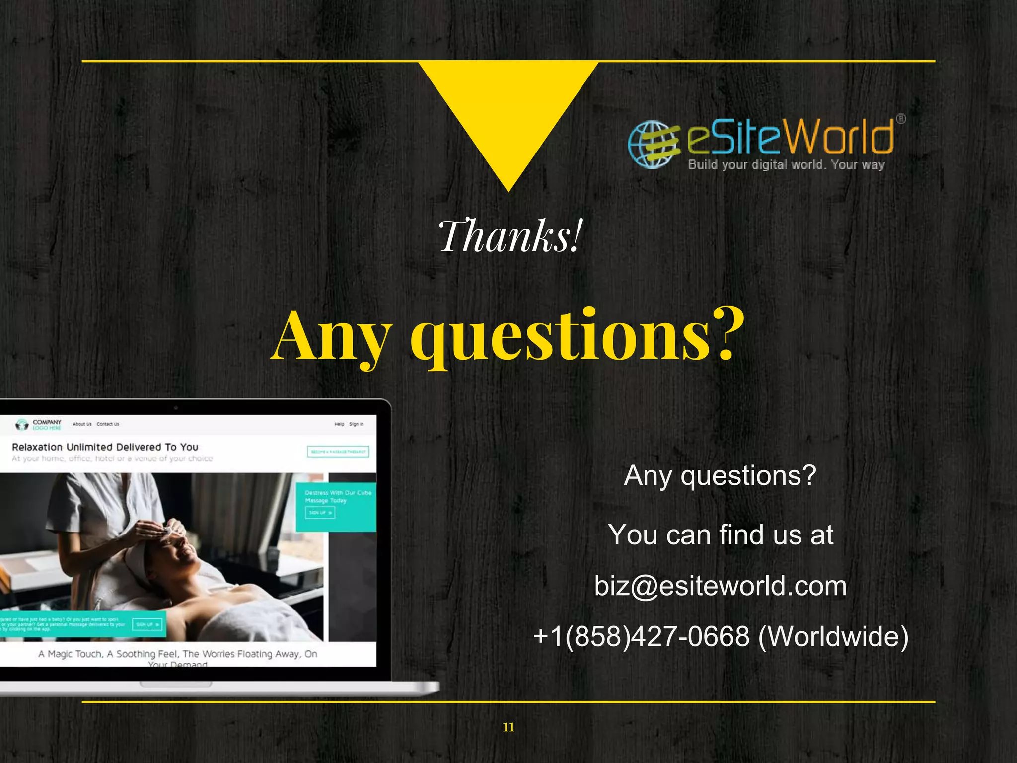 Thanks!
Any questions?
Any questions?
You can find us at
biz@esiteworld.com
+1(858)427-0668 (Worldwide)
11
 