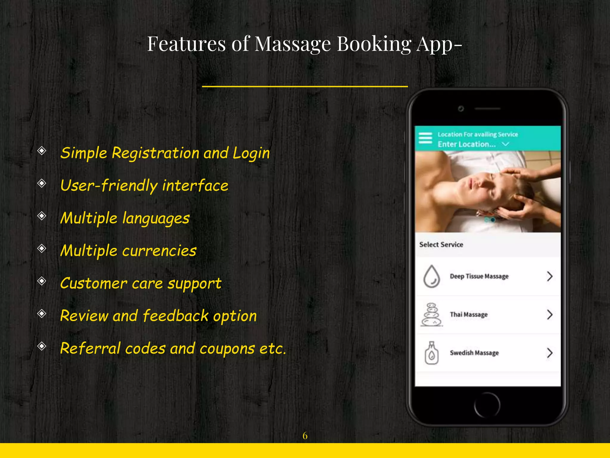 ◈ Simple Registration and Login
◈ User-friendly interface
◈ Multiple languages
◈ Multiple currencies
◈ Customer care support
◈ Review and feedback option
◈ Referral codes and coupons etc.
Features of Massage Booking App-
6
 