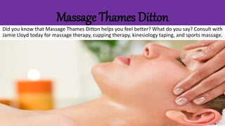 Massage Thames Ditton
Did you know that Massage Thames Ditton helps you feel better? What do you say? Consult with
Jamie Lloyd today for massage therapy, cupping therapy, kinesiology taping, and sports massage.