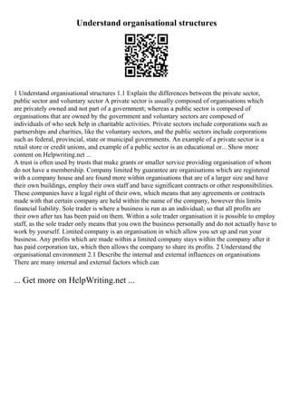 Understand organisational structures
1 Understand organisational structures 1.1 Explain the differences between the private sector,
public sector and voluntary sector A private sector is usually composed of organisations which
are privately owned and not part of a government; whereas a public sector is composed of
organisations that are owned by the government and voluntary sectors are composed of
individuals of who seek help in charitable activities. Private sectors include corporations such as
partnerships and charities, like the voluntary sectors, and the public sectors include corporations
such as federal, provincial, state or municipal governments. An example of a private sector is a
retail store or credit unions, and example of a public sector is an educational or... Show more
content on Helpwriting.net ...
A trust is often used by trusts that make grants or smaller service providing organisation of whom
do not have a membership. Company limited by guarantee are organisations which are registered
with a company house and are found more within organisations that are of a larger size and have
their own buildings, employ their own staff and have significant contracts or other responsibilities.
These companies have a legal right of their own, which means that any agreements or contracts
made with that certain company are held within the name of the company, however this limits
financial liability. Sole trader is where a business is run as an individual; so that all profits are
their own after tax has been paid on them. Within a sole trader organisation it is possible to employ
staff, as the sole trader only means that you own the business personally and do not actually have to
work by yourself. Limited company is an organisation in which allow you set up and run your
business. Any profits which are made within a limited company stays within the company after it
has paid corporation tax, which then allows the company to share its profits. 2 Understand the
organisational environment 2.1 Describe the internal and external influences on organisations
There are many internal and external factors which can
... Get more on HelpWriting.net ...
 
