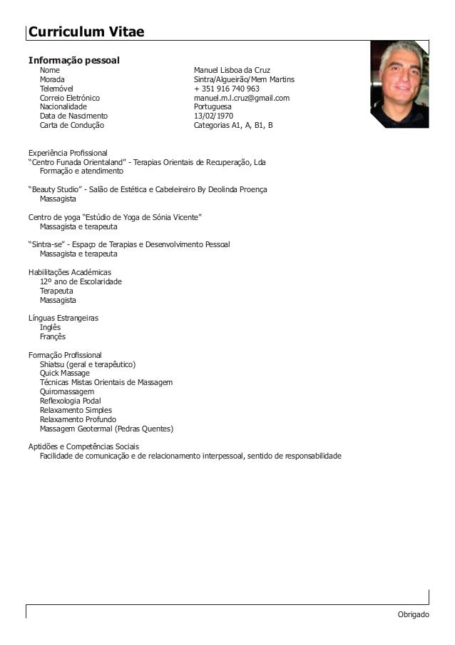 Massagista e terapeuta curriculum vitae