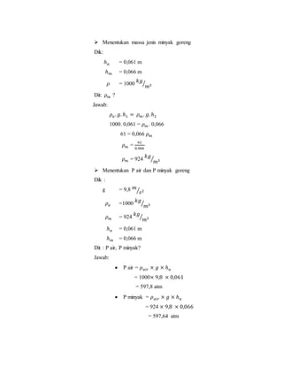 Menentukan massa jenis minyak goreng
Dik:
ℎ 𝑎 = 0,061 m
ℎ 𝑚 = 0,066 m
𝜌 = 1000
𝑘𝑔
𝑚3⁄
Dit: 𝜌 𝑚 ?
Jawab:
𝜌 𝑎. 𝑔. ℎ1 = 𝜌 𝑚 . 𝑔. ℎ2
1000. 0,061 = 𝜌 𝑚 . 0,066
61 = 0,066 𝜌 𝑚
𝜌 𝑚 =
61
0,066
𝜌 𝑚 = 924
𝑘𝑔
𝑚3⁄
 Menentukan P air dan P minyak goreng
Dik :
g = 9,8 𝑚
𝑠2⁄
𝜌 𝑎 =1000
𝑘𝑔
𝑚3⁄
𝜌 𝑚 = 924
𝑘𝑔
𝑚3⁄
ℎ 𝑎 = 0,061 m
ℎ 𝑚 = 0,066 m
Dit : P air, P minyak?
Jawab:
 P air = 𝜌 𝑎𝑖𝑟 × 𝑔 × ℎ 𝑎
= 1000× 9,8 × 0,061
= 597,8 atm
 P minyak = 𝜌 𝑎𝑖𝑟 × 𝑔 × ℎ 𝑎
= 924 × 9,8 × 0,066
= 597,64 atm
 