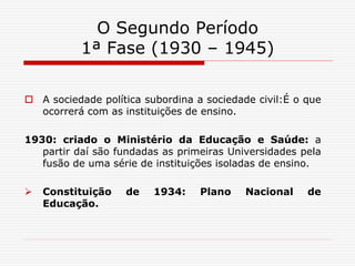 O Segundo Período
1ª Fase (1930 – 1945)
 A sociedade política subordina a sociedade civil:É o que
ocorrerá com as instituições de ensino.
1930: criado o Ministério da Educação e Saúde: a
partir daí são fundadas as primeiras Universidades pela
fusão de uma série de instituições isoladas de ensino.
 Constituição de 1934: Plano Nacional de
Educação.
 