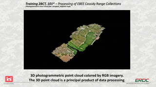 BUILDING STRONG® INNOVATIONS FOR A SAFER, BETTER WORLD
Training 2BCT, 101st – Processing of EBEE Cassidy Range Collections
(Photogrammetric Point Cloud (file: campbell_halftime.mp4)
3D photogrammetric point cloud colored by RGB imagery.
The 3D point cloud is a principal product of data processing.
 