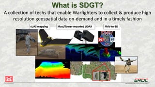 BUILDING STRONG® INNOVATIONS FOR A SAFER, BETTER WORLD
What is SDGT?
A collection of techs that enable Warfighters to collect & produce high
resolution geospatial data on-demand and in a timely fashion
sUAS mapping Mast/Tower-mounted LiDAR FMV-to-3D
 