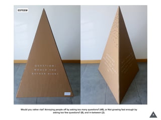 Would you rather risk? Annoying people oﬀ by asking too many questions? (48), or Not growing fast enough by
asking too few questions? (8), and in-between (2).
8
 