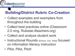 Building/District Rubric Co-Creation
• Collect examples and exemplars from
throughout the building
• Collect best practices online (Classroom
2.0 ning, Rubistar.4teachers.org)
• Collect and analyze student work
• Instructional Rounds (Elmore, City, Teitel) focused
on information literacy instruction
• Pilot, Pilot, Pilot!
 