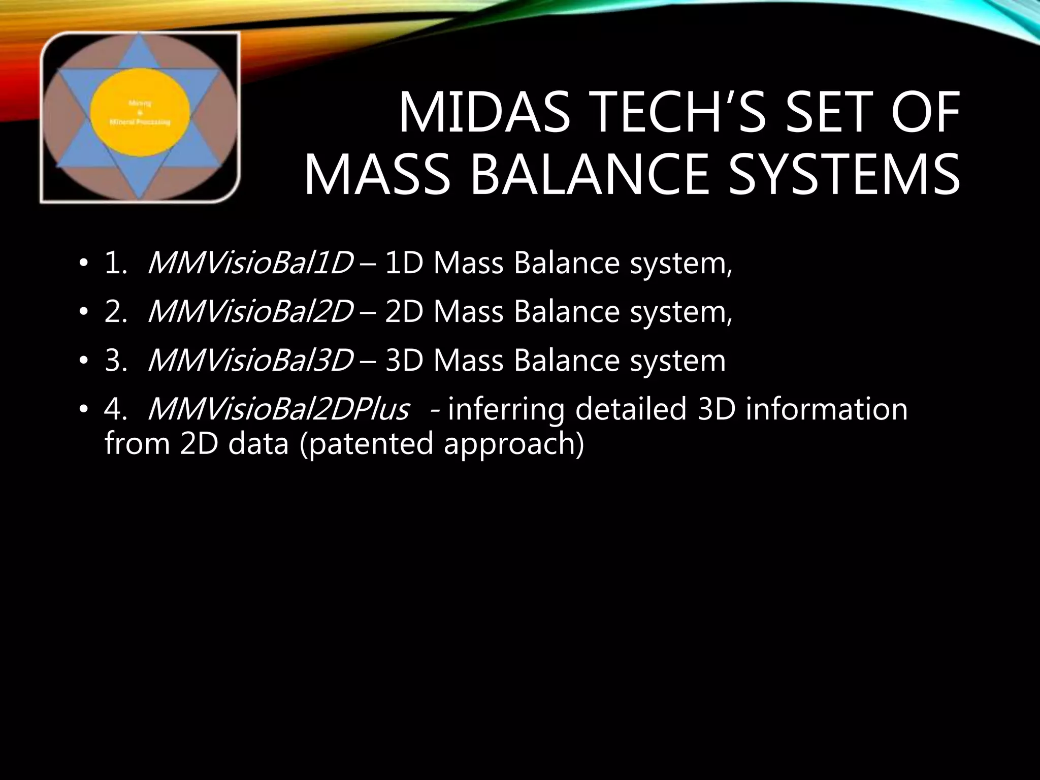 MIDAS TECH’S SET OF
MASS BALANCE SYSTEMS
• 1. MMVisioBal1D – 1D Mass Balance system,
• 2. MMVisioBal2D – 2D Mass Balance system,
• 3. MMVisioBal3D – 3D Mass Balance system
• 4. MMVisioBal2DPlus - inferring detailed 3D information
from 2D data (patented approach)
 