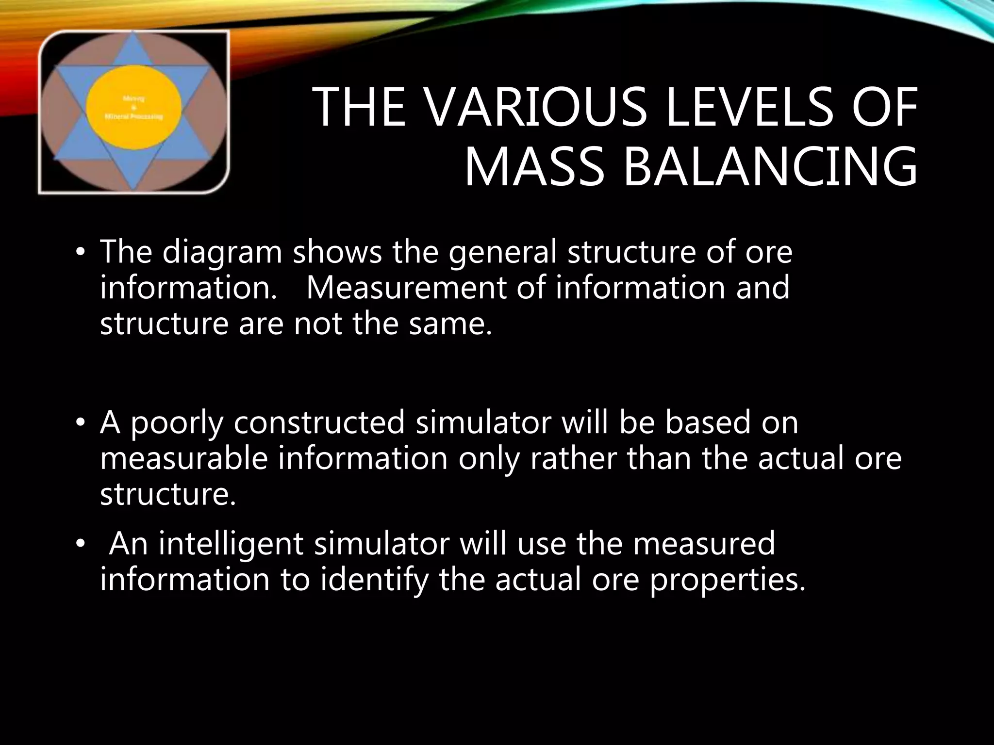 THE VARIOUS LEVELS OF
MASS BALANCING
• The diagram shows the general structure of ore
information. Measurement of information and
structure are not the same.
• A poorly constructed simulator will be based on
measurable information only rather than the actual ore
structure.
• An intelligent simulator will use the measured
information to identify the actual ore properties.
 