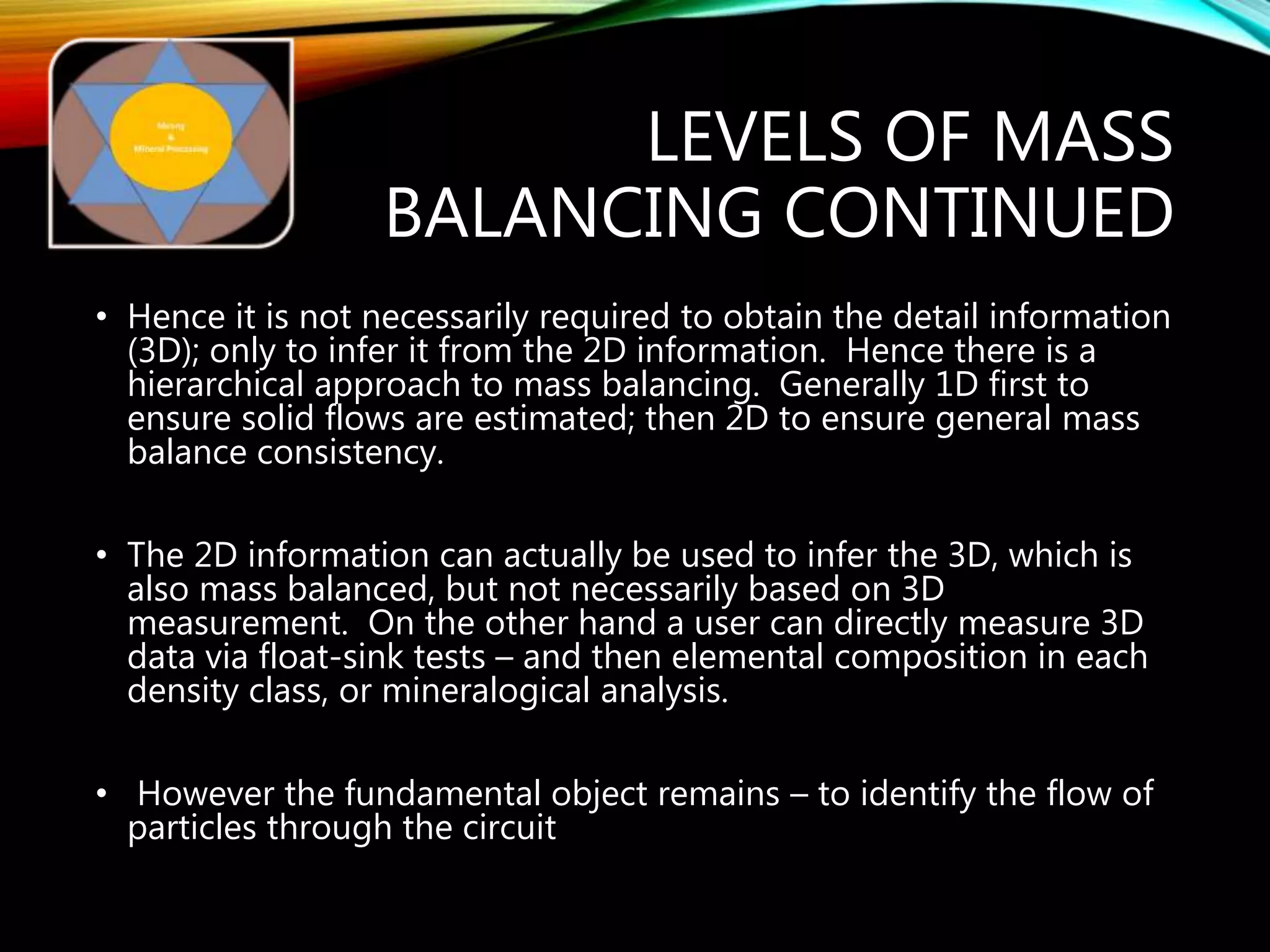 LEVELS OF MASS
BALANCING CONTINUED
• Hence it is not necessarily required to obtain the detail information
(3D); only to infer it from the 2D information. Hence there is a
hierarchical approach to mass balancing. Generally 1D first to
ensure solid flows are estimated; then 2D to ensure general mass
balance consistency.
• The 2D information can actually be used to infer the 3D, which is
also mass balanced, but not necessarily based on 3D
measurement. On the other hand a user can directly measure 3D
data via float-sink tests – and then elemental composition in each
density class, or mineralogical analysis.
• However the fundamental object remains – to identify the flow of
particles through the circuit
 