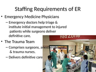 Staffing Requirements of ER
• Emergency Medicine Physicians
– Emergency doctors help triage &
institute initial management to injured
patients while surgeons deliver
definitive care.
• The Trauma Team
– Comprises surgeons, anesthesiologist
& trauma nurses.
– Delivers definitive care
 