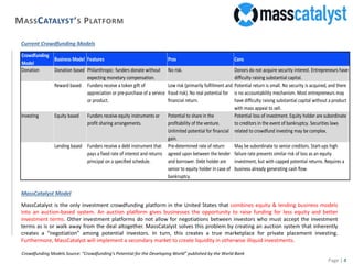Page | 4
MASSCATALYST’S PLATFORM
Current Crowdfunding Models
MassCatalyst Model
MassCatalyst is the only investment crowdfunding platform in the United States that combines equity & lending business models
into an auction-based system. An auction platform gives businesses the opportunity to raise funding for less equity and better
investment terms. Other investment platforms do not allow for negotiations between investors who must accept the investment
terms as is or walk away from the deal altogether. MassCatalyst solves this problem by creating an auction system that inherently
creates a “negotiation” among potential investors. In turn, this creates a true marketplace for private placement investing.
Furthermore, MassCatalyst will implement a secondary market to create liquidity in otherwise illiquid investments.
Crowdfunding Models Source: “Crowdfunding’s Potential for the Developing World” published by the World Bank
Crowdfunding
Model
Business Model Features Pros Cons
Donation Donation based Philanthropic: funders donate without
expecting monetary compensation.
No risk. Donors do not acquire security interest. Entrepreneurs have
difficulty raising substantial capital.
Reward based Funders receive a token gift of
appreciation or pre-purchase of a service
or product.
Low risk (primarily fulfillment and
fraud risk). No real potential for
financial return.
Potential return is small. No security is acquired, and there
is no accountability mechanism. Most entrepreneurs may
have difficulty raising substantial capital without a product
with mass appeal to sell.
Investing Equity based Funders receive equity instruments or
profit sharing arrangements.
Potential to share in the
profitability of the venture.
Unlimited potential for financial
gain.
Potential loss of investment. Equity holder are subordinate
to creditors in the event of bankruptcy. Securities laws
related to crowdfund investing may be complex.
Lending based Funders receive a debt instrument that
pays a fixed rate of interest and returns
principal on a specified schedule.
Pre-determined rate of return
agreed upon between the lender
and borrower. Debt holder are
senior to equity holder in case of
bankruptcy.
May be subordinate to senior creditors. Start-ups high
failure rate presents similar risk of loss as an equity
investment, but with capped potential returns. Requires a
business already generating cash flow.
 