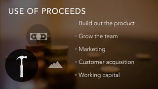 USE OF PROCEEDS
• Build out the product
• Grow the team
• Marketing
• Customer acquisition
• Working capital
 