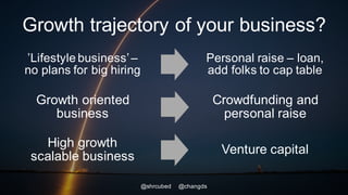 Growth trajectory of your business?
’Lifestyle business’–
no plans for big hiring
Personal raise – loan,
add folks to cap table
@shrcubed @changds
Growth oriented
business
Crowdfunding and
personal raise
High growth
scalable business
Venture capital
 
