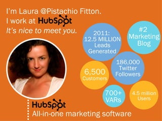 I’m Laura @Pistachio Fitton.
I work at
It’s nice to meet you.    2011:
                                        #2
                       12.5 MILLION   Marketing
                          Leads         Blog
                        Generated
                                  186,000
                                   Twitter
                       6,500      Followers
                      Customers

                              700+     4.5 million
                              VARs       Users

       All-in-one marketing software
 