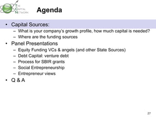 Agenda Capital Sources: What is your company’s growth profile, how much capital is needed? Where are the funding sources Panel Presentations Equity Funding VCs & angels (and other State Sources) Debt Capital: venture debt Process for SBIR grants Social Entrepreneurship Entrepreneur views Q & A 