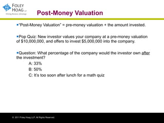 Post-Money Valuation “ Post-Money Valuation” = pre-money valuation + the amount invested.  Pop Quiz: New investor values your company at a pre-money valuation of $10,000,000, and offers to invest $5,000,000 into the company.  Question: What percentage of the company would the investor own  after  the investment? A: 33% B: 50% C: It’s too soon after lunch for a math quiz 