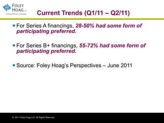 Current Trends (Q1/11 – Q2/11) For Series A financings,  28-50% had some form of participating preferred.   For Series B+ financings,  55-72% had some form of participating preferred.   Source: Foley Hoag’s Perspectives – June 2011 