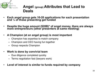 Angel   (group)  Attributes that Lead to Deals Each angel group gets 10-20 applications for each presentation and ¼ of those presenting get funded Despite the huge amount ($20B)* of angel money, there are always more entrepreneurs (other presenters at same meeting) A Champion (at an angel group) is most important Champion has expertise to match company Champion and CEO having fun together Group respects Champion Work is done by convivial team Due diligence completed quickly Terms negotiation fast (lawyers work) Level of interest is similar to funds required by company 
