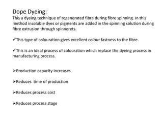 Dope Dyeing:
This a dyeing technique of regenerated fibre during fibre spinning. In this
method insoluble dyes or pigments...