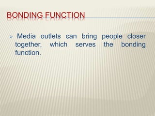 INFORMATION FUNCTION
 The amount and availability of information
now is very overwhelming compared 20
years ago where there is no internet access,
no social network, no cellular phones,
television or radio broadcasting that will
reach the far flung communities.
 The only information that they could get is
through the newspaper which will only have
its publication once or twice a week and with
a delayed information because of the
dissemination and transportation system.
CHELDY S. ELUMBA-
PABLEO,MPA;LlB
 