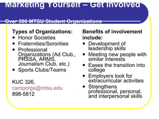 Marketing Yourself – Get Involved  Over 300 MTSU Student Organizations Types of Organizations: Honor Societies  Fraternities/Sororities  Professional Organizations (Ad Club,, PRSSA, ARMS, Journalism Club, etc.) Sports Clubs/Teams  KUC 326, [email_address] 898-5812  Benefits of involvement include:  Development of leadership skills  Meeting new people with similar interests  Eases the transition into college  Employers look for extracurricular activities  Strengthens professional, personal, and interpersonal skills  
