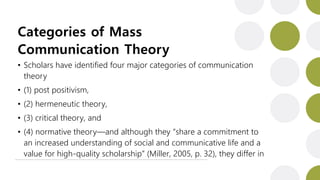 Categories of Mass
Communication Theory
• Scholars have identified four major categories of communication
theory
• (1) post positivism,
• (2) hermeneutic theory,
• (3) critical theory, and
• (4) normative theory—and although they “share a commitment to
an increased understanding of social and communicative life and a
value for high-quality scholarship” (Miller, 2005, p. 32), they differ in
 