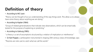 Definition of theory
• According to MC Lean:
“Theory can be thought of as our understanding of the way things work. This allow us to always
have some theory about anything we are doing.”
• According to Kaplan (1964):
“Group of related generalizations that indicate new observations, which can be empirically
tested for the purpose of explaining or predicting.”
• According to Galtung (1985):
“ a theory is a set of assumptions structured by a relation of implication or interference.”
• Sir Karl Popper, a philosopher instrumental in shaping 20th century views of knowledge, says
“Theories are nets cast to catch what we call the world.”
 