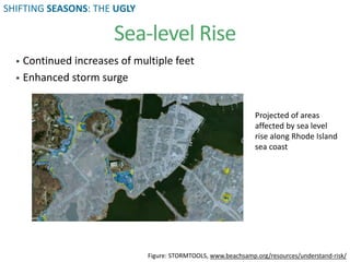 Sea-level Rise
 Continued increases of multiple feet
 Enhanced storm surge
Projected of areas
affected by sea level
rise along Rhode Island
sea coast
Figure: STORMTOOLS, www.beachsamp.org/resources/understand-risk/
SHIFTING SEASONS: THE UGLY
 